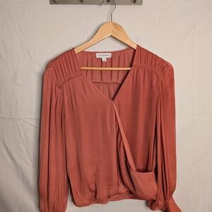 Calligraphie Salmon Blush Wrap-Style Blouse – Size S – Long Sleeve